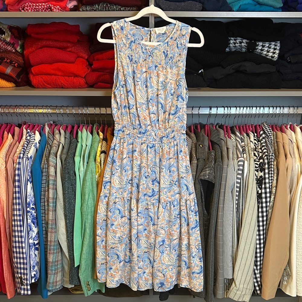 Sienna Sky blue/orange print sleeveless back button elastic waist dress size S